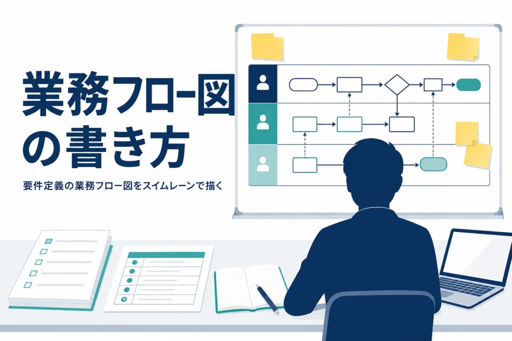 要件定義の業務フロー図の書き方をスイムレーン図で解説する記事のアイキャッチ