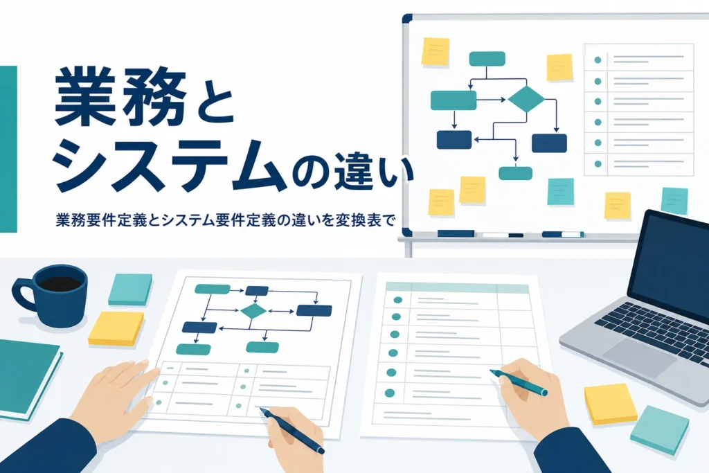 業務要件定義とシステム要件定義の違いを変換表で解説する記事のアイキャッチ