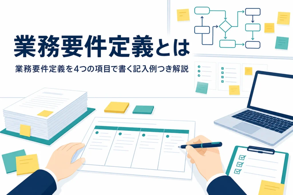業務要件定義とは何かを4項目の記入例で解説する記事のアイキャッチ