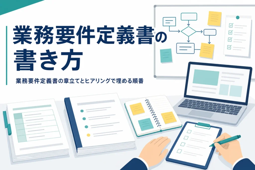 業務要件定義書の書き方を章立てとヒアリングの順番で解説する記事のアイキャッチ