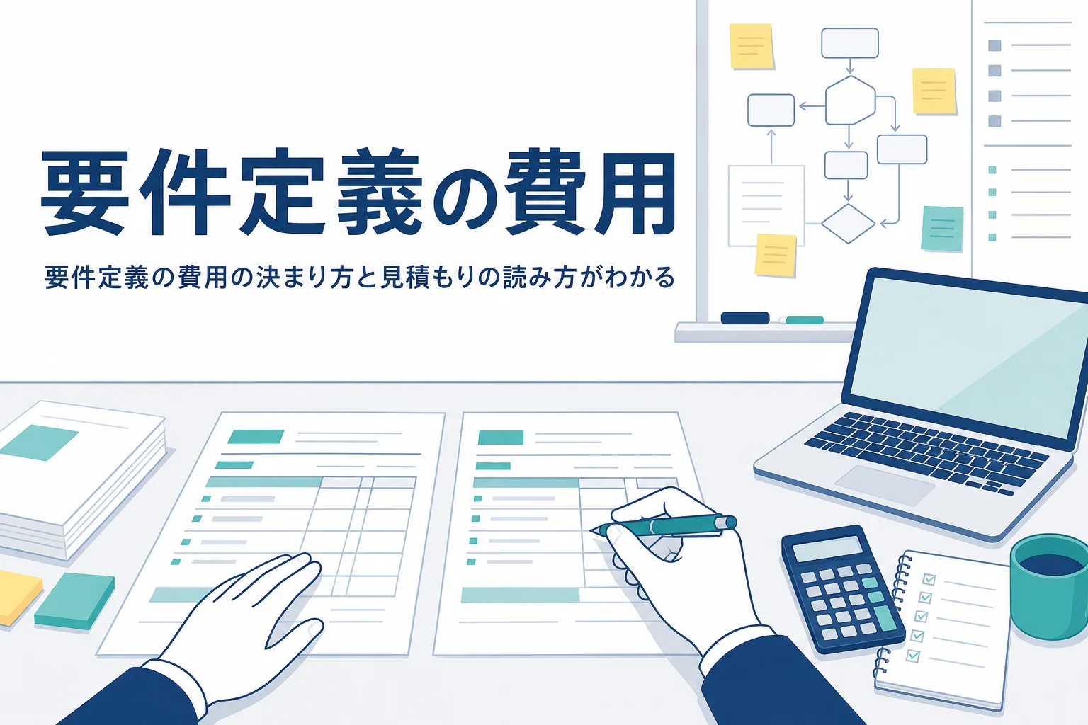要件定義の費用を表す、見積書を並べて比べる手元のアイキャッチ