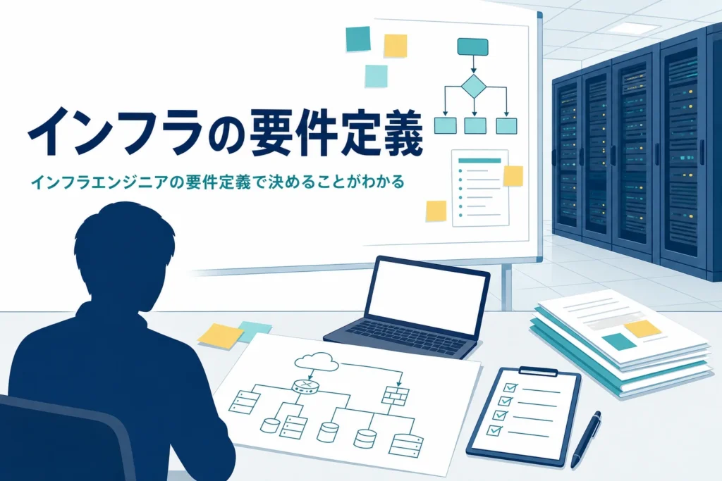 インフラエンジニアの要件定義を表すサーバーラックと書類のアイキャッチ