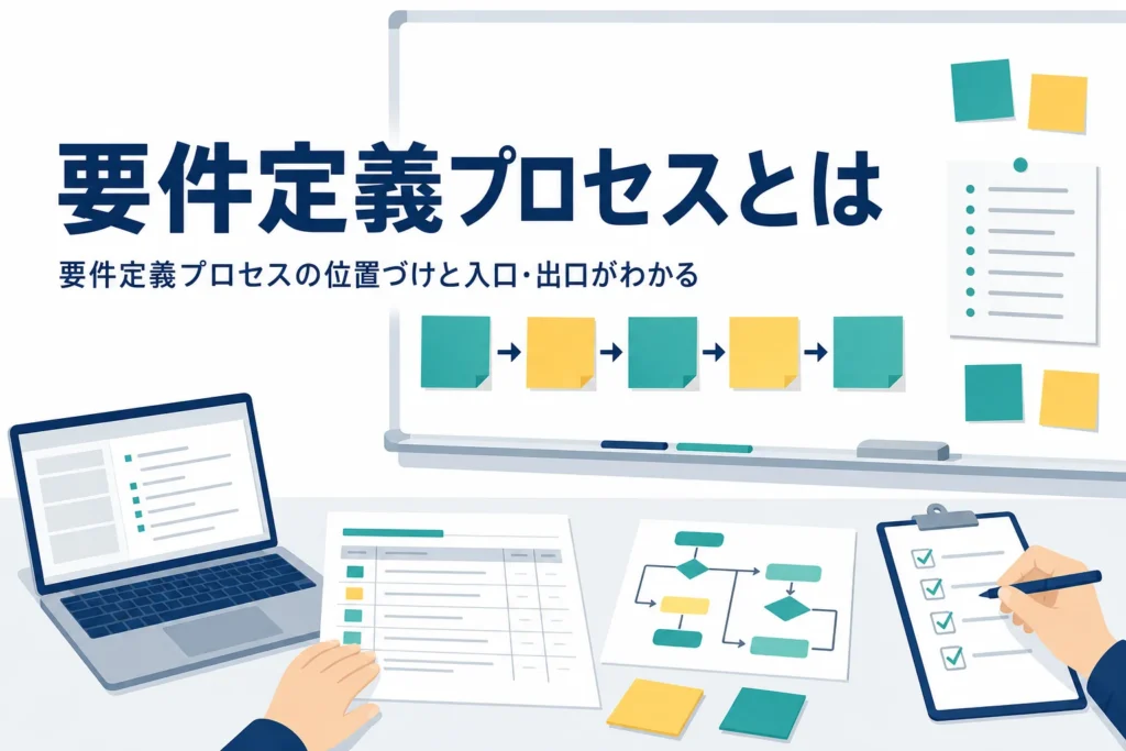 要件定義プロセスの位置づけを表すホワイトボードと付箋のアイキャッチ