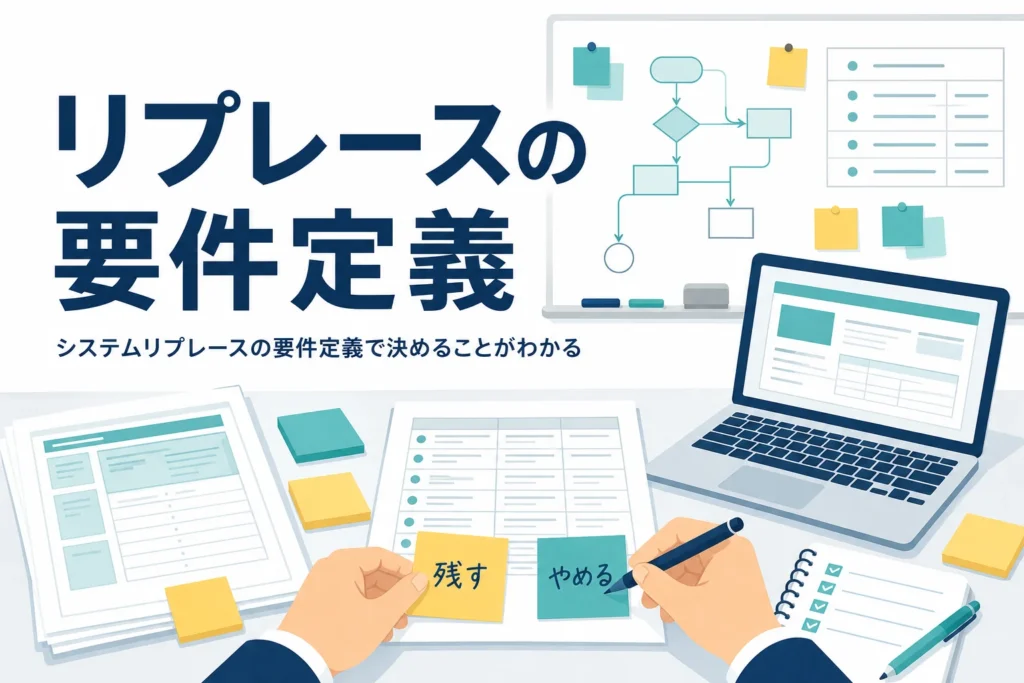 システムリプレースの要件定義を表す、現行システムの書類と付箋のアイキャッチ