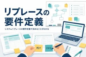 システムリプレースの要件定義を表す、現行システムの書類と付箋のアイキャッチ