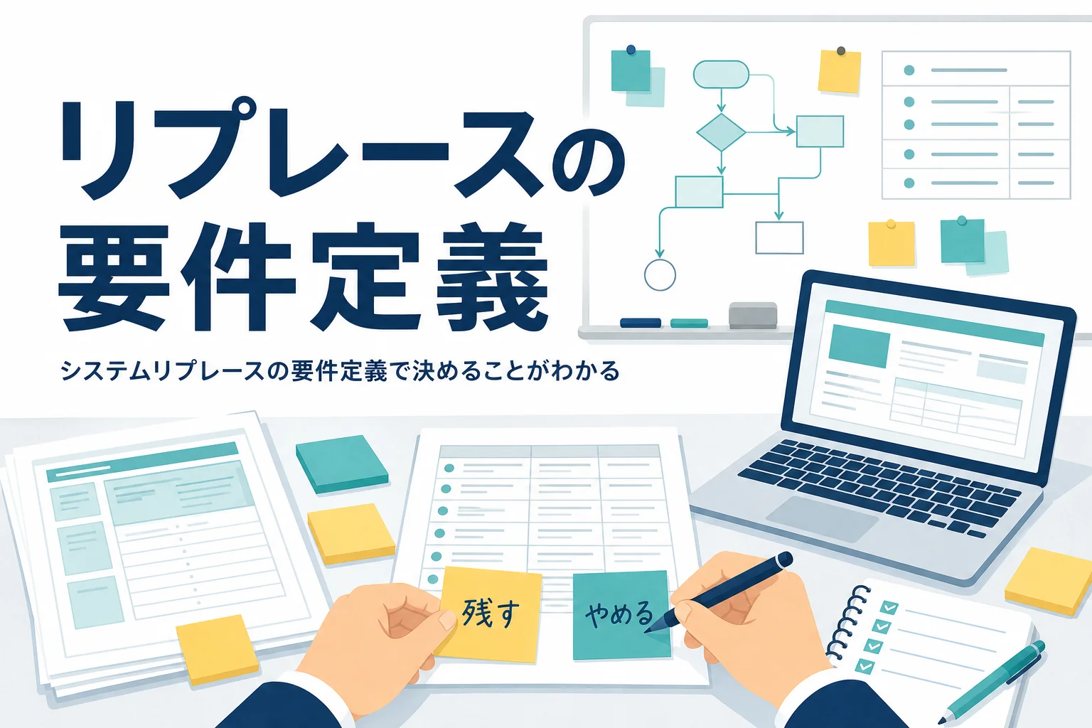 システムリプレースの要件定義を表す、現行システムの書類と付箋のアイキャッチ