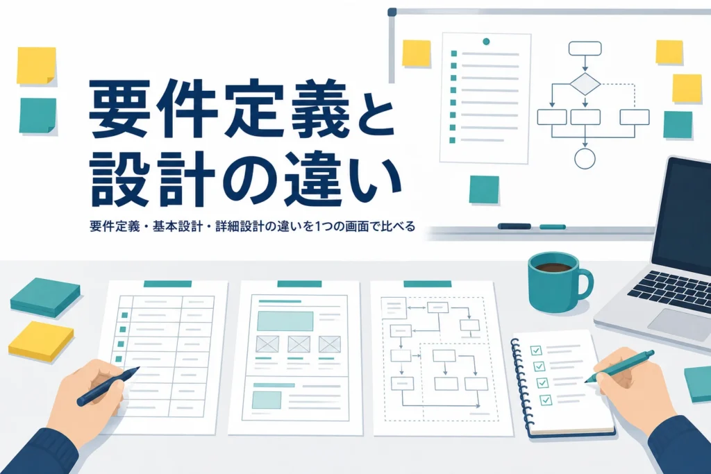 要件定義・基本設計・詳細設計の違いを1つの画面で比べる記事のアイキャッチ
