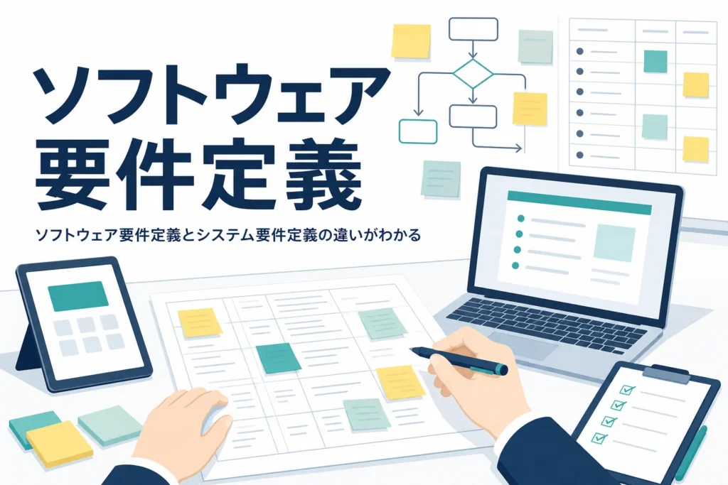 ソフトウェア要件定義を表すノートPCと付箋のアイキャッチ