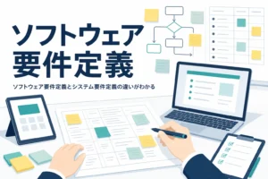ソフトウェア要件定義を表すノートPCと付箋のアイキャッチ