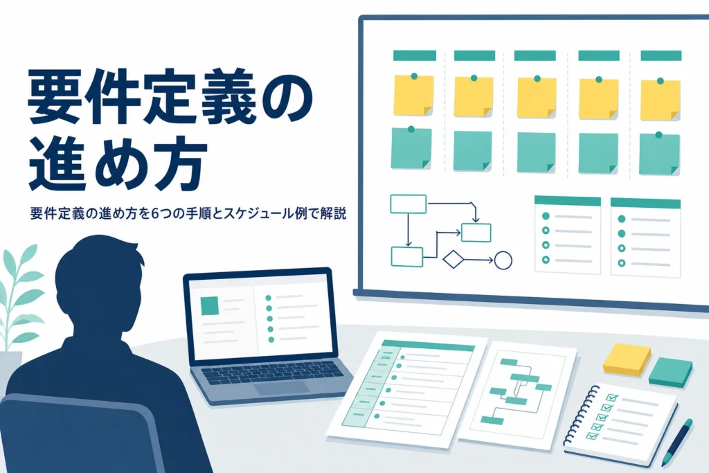 要件定義の進め方を表す週ごとの付箋が貼られたホワイトボードのアイキャッチ