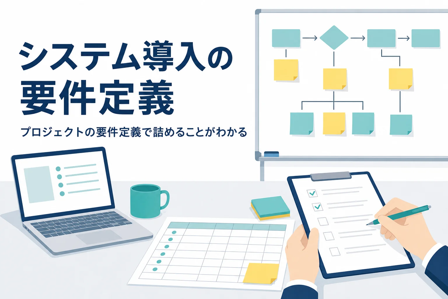 システム導入プロジェクトの要件定義を表す、付箋のホワイトボードと書類のアイキャッチ
