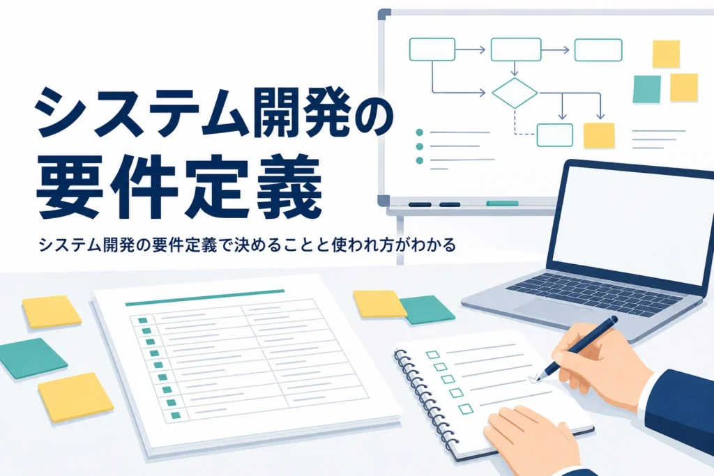 システム開発の要件定義を表す書類と付箋が並んだ打ち合わせ机のアイキャッチ
