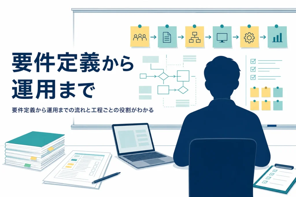 要件定義から運用までの工程の流れを表すホワイトボードのアイキャッチ