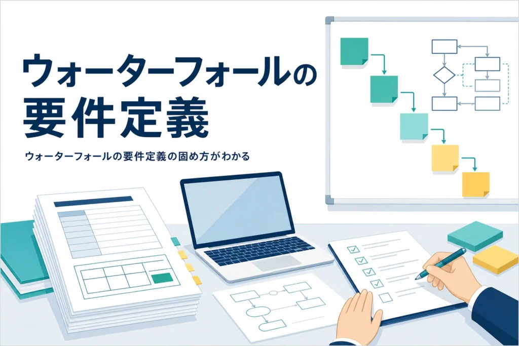 ウォーターフォールの要件定義を表す書類とホワイトボードのアイキャッチ