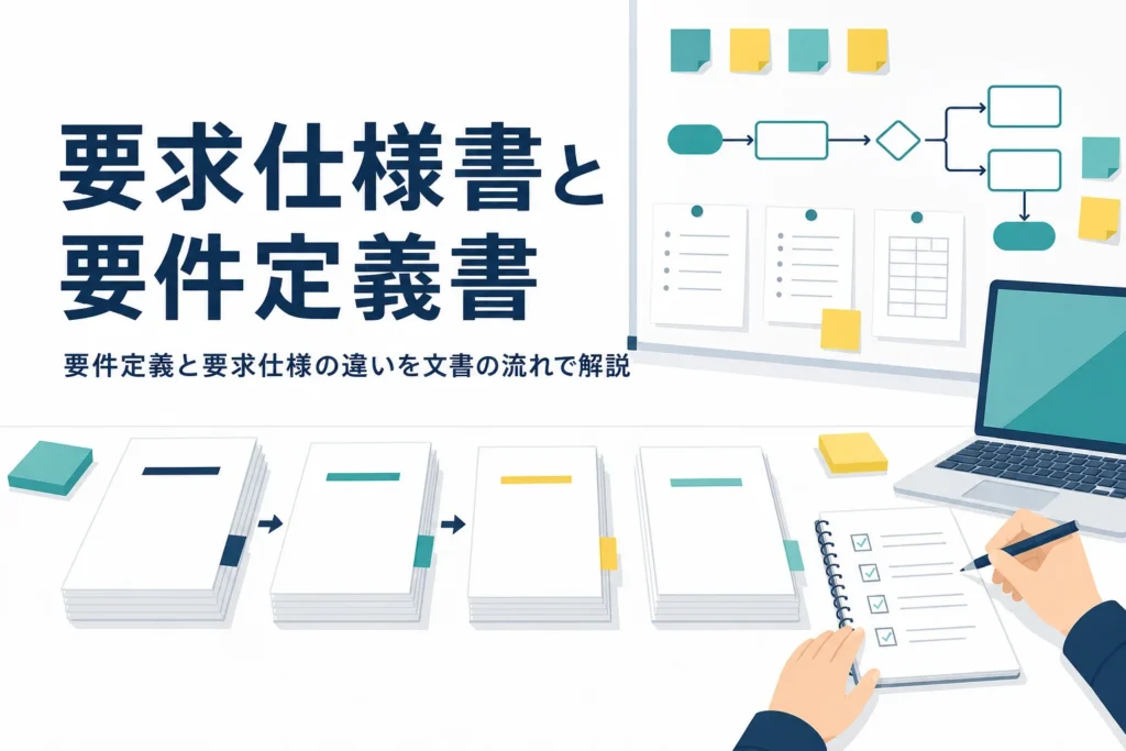 要求仕様書と要件定義書の違いを文書の流れで解説する記事のアイキャッチ